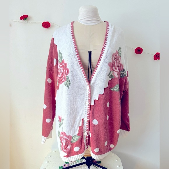 Vintage Rose Floral Cotton Ramie Maggie Lawrence Oversized Sweater Cardigan L XL - Picture 1 of 9